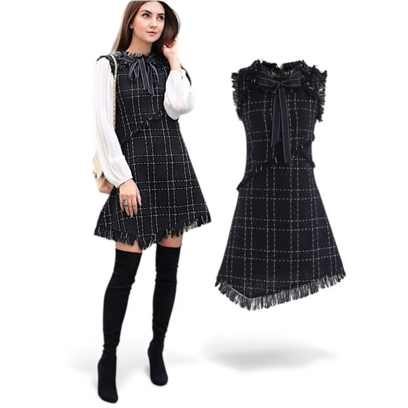 Chicwish Navy Twead Dress with Bow Tie - Picture 2 of 10